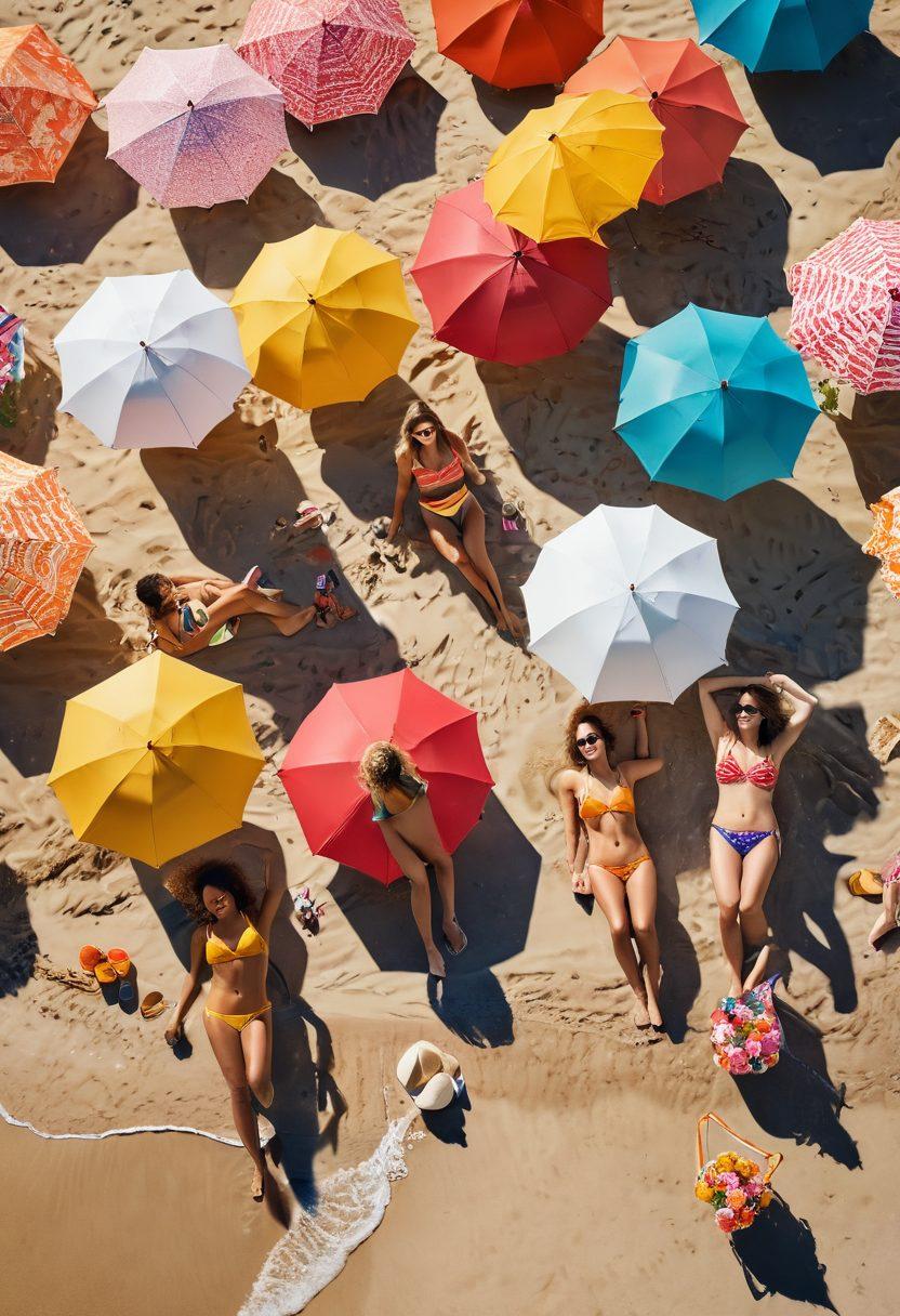 A serene beach scene showcasing a diverse group of individuals enjoying the water in stylish modest swimwear and vibrant bikinis. The image captures the joyous atmosphere of summer with colorful umbrellas and beach accessories scattered around. Soft waves lapping at the shore, with the sun setting in the background casting a warm golden glow. Delicate floral patterns and playful prints can be seen on the swimwear, highlighting the latest trends. bright colors. modern illustration.